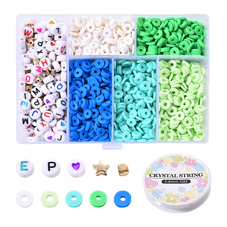 Arricraft 1350Pcs Polymer Clay Beads Kit for DIY Jewelry Making, Including Disc/Flat Round Polymer Clay Beads, Flat Round Acrylic Beads, Star & Cube Arricraft Plastic Beads and Elastic Crystal Thread, Green, Polymer Clay Beads: about 1200pcs/box