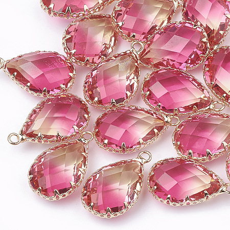 NBEADS K9 Glass Pendants, Imitation Tourmaline, with Golden Tone Brass Findings, Faceted, Drop, HotPink, 22~23x14x8mm, Hole: 2mm