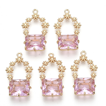 Nbeads Golden Tone Brass Pendants, with Faceted Glass, PearlPink, 28~30x16~18x6.5mm, Hole: 1.6mm
