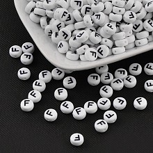 Honeyhandy Acrylic Beads, with Horizontal Hole, Letter, Flat Round, Letter.F, 7x4mm, Hole: 1mm, about 3500pcs/500g