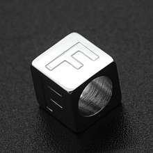 Honeyhandy 201 Stainless Steel European Beads, Large Hole Beads, Horizontal Hole, Cube, Stainless Steel Color, Letter.F, 7x7x7mm, Hole: 5mm