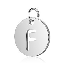 Honeyhandy 304 Stainless Steel Charms, Flat Round with Letter, Stainless Steel Color, Letter.F, 12x1mm, Hole: 2.5mm