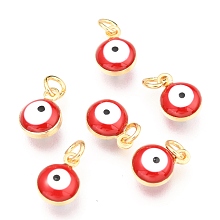 Honeyhandy Brass Enamel Beads, Real 18K Gold Plated,Long-Lasting Plated, with Jump Ring, Flat Round with Evil Eye, Red, 9.5x6.5x4.5mm, Hole: 2.5mm