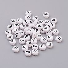 Honeyhandy Flat Round with Letter F Acrylic Beads, with Horizontal Hole, White & Black, Size: about 7mm in diameter, 4mm thick, hole: 1mm