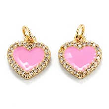 Honeyhandy Brass Micro Pave Clear Cubic Zirconia Pendants, with Enamel, Real 18K Gold Plated, Long-Lasting Plated, Heart, Pink, 12x11x2mm, Hole: 3.2mm