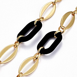 Honeyhandy Handmade Brass Oval Link Chains, with Acrylic Linking Rings, Unwelded, Real 18K Gold Plated, Black, Link: 8.5x6.5x2mm and 24x12x2mm, Acrylic: 27.5x16.5x4.5mm.