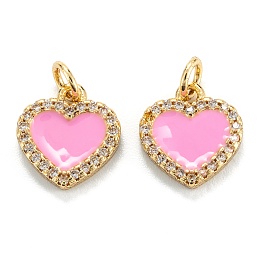 Honeyhandy Brass Micro Pave Clear Cubic Zirconia Pendants, with Enamel, Real 18K Gold Plated, Long-Lasting Plated, Heart, Pink, 12x11x2mm, Hole: 3.2mm