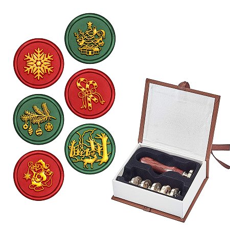 CRASPIRE Wax Seal Stamp Set 6PCS Christmas Theme Sealing Wax Stamps Heads+1 Wood Handle Retro 25mm Removable for Xmas Envelope Invitations Gift(Snowflake+Christmas Tree+Santa Claus+Candy+Sled)