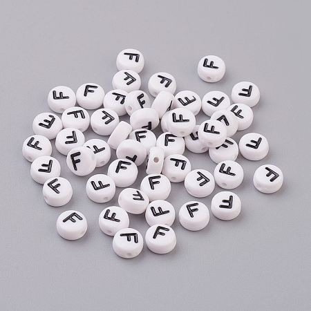 Honeyhandy Flat Round with Letter F Acrylic Beads, with Horizontal Hole, White & Black, Size: about 7mm in diameter, 4mm thick, hole: 1mm