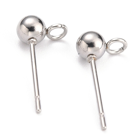 Honeyhandy 304 Stainless Steel Ball Post Stud Earring Findings, with Loop and 316 Surgical Stainless Steel Pin, Stainless Steel Color, 15x7x4mm, Hole: 1.8mm, Pin: 0.7mm