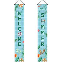 CREATCABIN Welcome Summer Banner Hanging Hawaii Theme Swimming Ring Beach Slippers Starfish Door Decor Porch Sign Blue for Indoor Outdoor Holiday Home Party Porch Wall Xmas 11.8 x 70.8inch