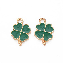 Honeyhandy Alloy Enamel Pendants, Clover, Light Gold, Teal, 18x12x2mm, Hole: 2mm