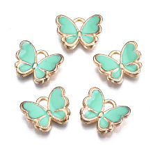 Honeyhandy Alloy Enamel Charms, Butterfly, Light Gold, Aquamarine, 10.5x13x3mm, Hole: 2mm