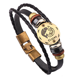 Honeyhandy Braided Leather Cord Retro Multi-strand Bracelets, with Wood Beads, Hematite Beads and Alloy Findings, Flat Round,  Antique Bronze, Pisces, 8-1/4 inch(21cm)