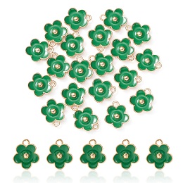 Light Gold Plated Alloy Enamel Pendants, Flower Charm, Green, 13x11.5x3mm, Hole: 1.6mm