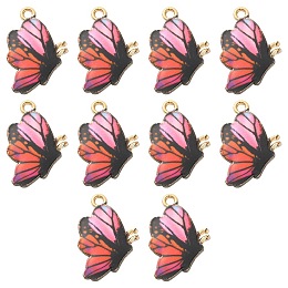 Printed Alloy Pendants, Cadmium Free & Nickel Free & Lead Free, Light Gold, Butterfly, Orange Red, 21.5x16.5x1.5mm, Hole: 2mm