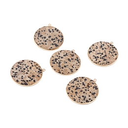 Honeyhandy Natural Dalmatian Jasper Pendants, with Brass Findings, Flat Round, Golden, 32~34x28.5~31x2mm, Hole: 1.6mm