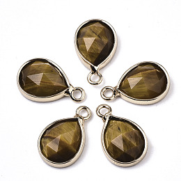 Honeyhandy Natural Tiger Eye Charms, with Light Gold Plated Brass Edge and Loop, Teardrop, Faceted, 14x9x4.5mm, Hole: 1.5mm