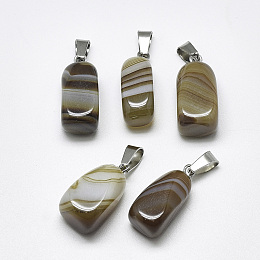 Honeyhandy Natural Banded Agate/Striped Agate Pendants, Dyed, with Stainless Steel Snap On Bails, Cuboid, Stainless Steel Color, Coffee, 20~23x9~13x9~13mm, Hole: 3~4x7~8.5mm