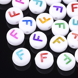 Honeyhandy Initial Acrylic Beads, Horizontal Hole, Flat Round, Mixed Color, Letter.F, 7x3.5~4mm, Hole: 1.2mm, about 370pcs/50g