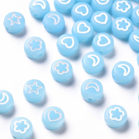 Honeyhandy Opaque Acrylic Beads, Flat Round with White Heart & Flower & Moon & Star, Light Sky Blue, 7x4mm, Hole: 1.6mm