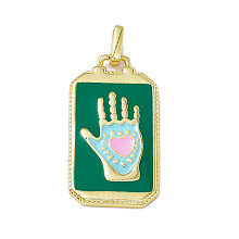 Honeyhandy Alloy Enamel Pendants, Rectangle, Tarot Pattern Charm, Golden, Dark Green, Hand Heart, 26x14x2mm, Hole: 2x3mm