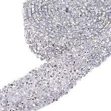 BENECREAT 2 Yard 3cm Width Crystal Rhinestone Ribbon Hot Fix Glitter Dress Diamond Ribbon Mesh Wrap Roll with 3mm Rhinestones for Trimming Cloth Bags Decoration, Silver