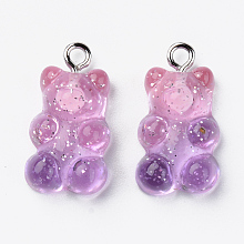 Honeyhandy Transparent Resin Pendants, with Glitter Powder and Platinum Tone Iron Loop, Bear, Plum, 21x11x7mm, Hole: 1.8mm