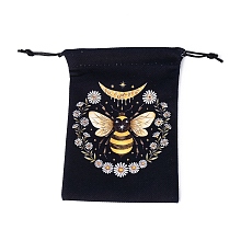 Honeyhandy Rectangle Velvet Bags, Drawstring Pouches, for Gift Wrapping, Black, Bees Pattern, 18x14cm