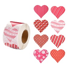 Honeyhandy Valentine's Day Theme Paper Gift Tag Stickers, 8 Style Heart Shape Adhesive Labels Roll Stickers, for Party, Decorative Presents, Colorful, 4.1cm, about 500pcs/roll