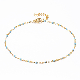 Honeyhandy 304 Stainless Steel Cable Chain Anklets, with Enamel Links, Golden, Sky Blue, 9 inch(23cm), 1.5~2mm