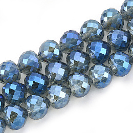 Honeyhandy Electroplate Glass Beads Strands, Faceted, Heart, Royal Blue, 9x10mm, Hole: 1.5mm, about 60pcs/strand, 22 inch