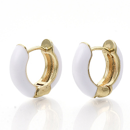 Honeyhandy Brass Huggie Hoop Earrings, with Enamel, Real 18K Gold Plated, White, 14x15x5mm, Pin: 1x1mm