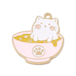 Honeyhandy Alloy Enamel Pendant, Golden, Bowl with Cat & Cat Paw Print Charm, Misty Rose, 32.5x28.5x1.6mm, Hole: 2.2mm