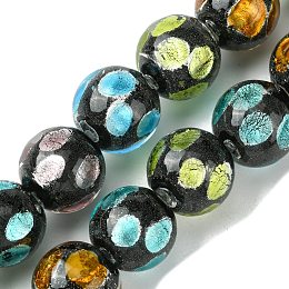 Handmade Silver Sand Lampwork Beads Strands, Round with Dot, Colorful, 14.5mm, Hole: 1.4mm, about 128pcs/strand, 14.96''(38cm)