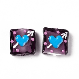 Honeyhandy Handmade Lampwork Beads, Square with Arrow Through the Heart Pattern, Purple, 16x15x6mm, Hole: 1.8mm