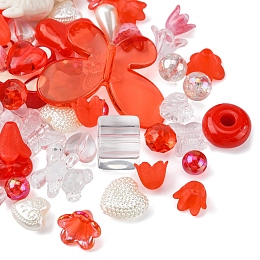 Honeyhandy Opaque & Transparent Acrylic Beads, Mixed Shapes, Red, 7.5~33x7.5~43.5x4.5~16mm, Hole: 1.2~4mm, about 50g/bag