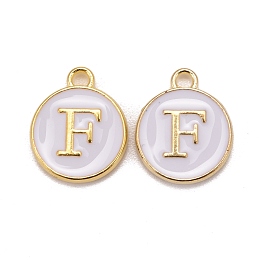 Honeyhandy Golden Plated Alloy Charms, Cadmium Free & Lead Free, with Enamel, Enamelled Sequins, Flat Round with Letter, White, Letter.F, 14x12x2mm, Hole: 1.5mm