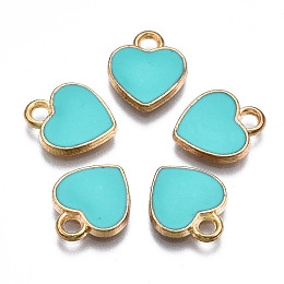 Honeyhandy Alloy Enamel Charms, Heart, Light Gold, Dark Turquoise, 12x10x2mm, Hole: 2mm