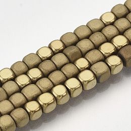 Honeyhandy Electroplate Non-magnetic Synthetic Hematite Bead Strands, with Matte Style, Cube, Golden Plated, 3x3x3mm, Hole: 1mm, about 142pcs/strand, 15.7 inch