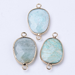 Honeyhandy Natural Amazonite Links Connectors, with Light Gold Plated Edge Brass Loops, Oval, Faceted, 30.5~31.5x17.5x5~6mm, Hole: 2mm