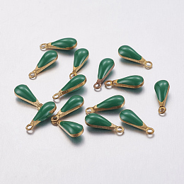 Honeyhandy Antique Golden Plated Brass Enamel teardrop, Charms, Enamelled Sequins, Green, 11x4x3mm, Hole: 1mm