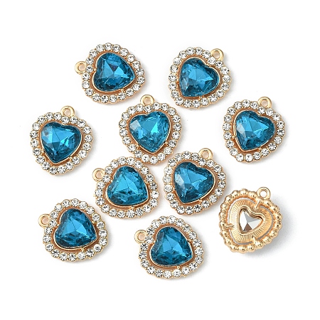 Honeyhandy Alloy Rhinestone Charms, Heart, Light Gold, Blue Zircon, 18x16x5mm, Hole: 1.4mm