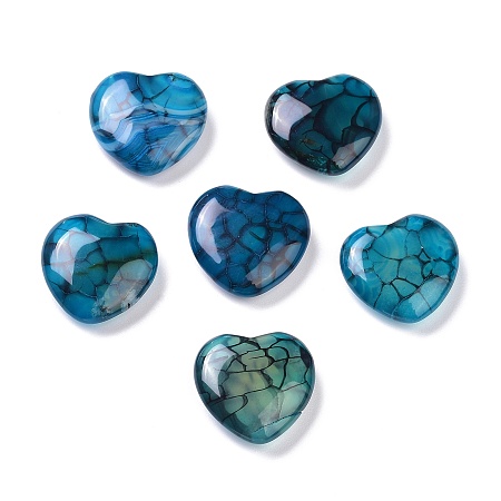 Arricraft Natural Agate Beads, Dyed, No Hole, for Wire Wrapped Pendant Making, Heart, Dragon Veins Pattern, Marine Blue, 18~19.5x19~20x6~7mm