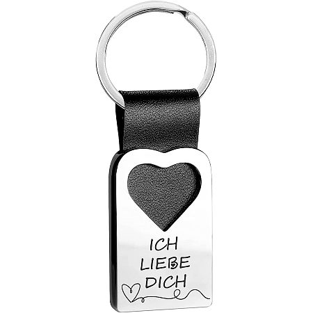 CREATCABIN Heart Keyring with Engraving Leather Personalised Love Engraved Stainless Steel Leather Metal Keychain Small Gifts Lucky Charm Pendant-I Love You ICH Liebe Dich, Black