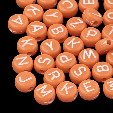 Honeyhandy Opaque Acrylic Beads, Horizontal Hole, Mixed Letters, Flat Round with Letter, Random Letters, Dark Orange, 7x4mm, Hole: 1.5mm, about 3700pcs/500g