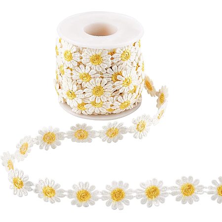 NBEADS 1 Roll 7.5 Yards Flower Lace Edging Trim Ribbon, 20mm Wide Polyester Daisy Ribbon Appliques Sewing Embroidery Crafts with Plastic Spool for Wedding Dress Hair Band Clothes Decoration, Yellow