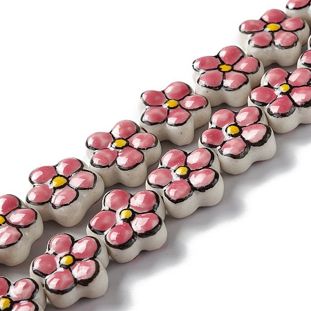 Honeyhandy Handmade Porcelain Flower Beads Strands, Pink, 16.5~17x17~17.5x7.5~7.8mm, Hole: 1.6~1.8mm, about 20pcs/strand, 12.56~12.68 inch(31.9~32.2cm)