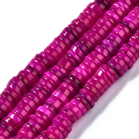 Arricraft Natural Freshwater Shell Beads Strands, Dyed, Flat Round/Dics, Heishi Beads, Camellia, 6x6x1~2.5mm, Hole: 1mm, about 201~208pcs/strand, 15.20~15.43 inch(38.6~39.2cm)