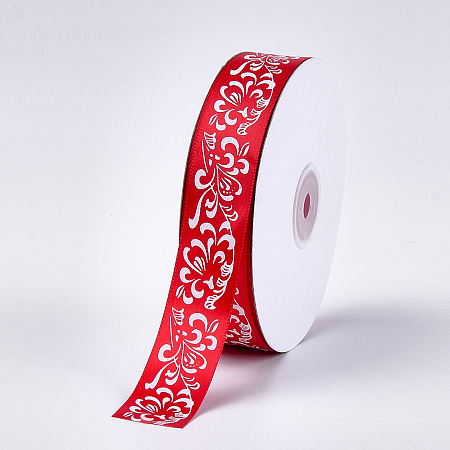 Honeyhandy Single Face Satin Ribbon, Polyester Ribbon, Flower Pattern, Red, 1 inch(25mm), about 50yards/roll(45.72m/roll)